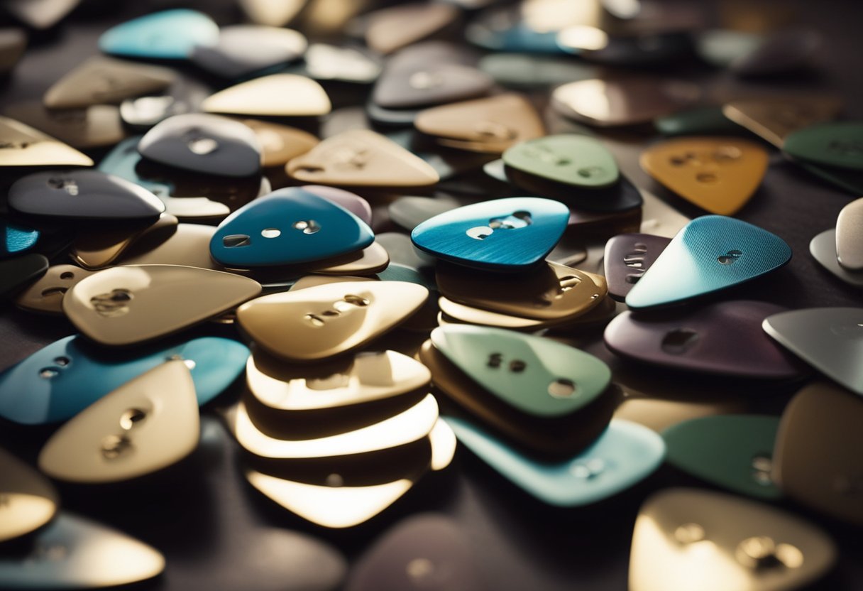 A hand reaches for various guitar plectrums, scattered on a table. Light shines on the colorful array of options