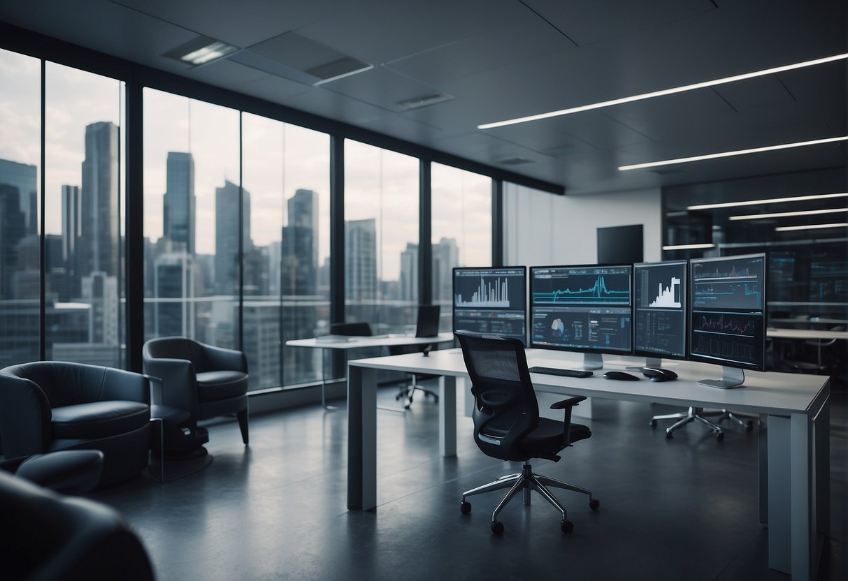 A sleek, futuristic office space with AI-powered marketing and sales automation tools seamlessly integrated into the workflow. Data streams and graphs illustrate the efficiency and effectiveness of the automated processes