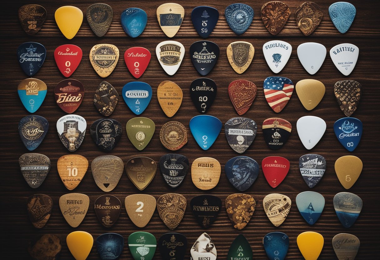 A variety of guitar picks scattered on a wooden table, with a few picks standing upright to showcase different designs and colors