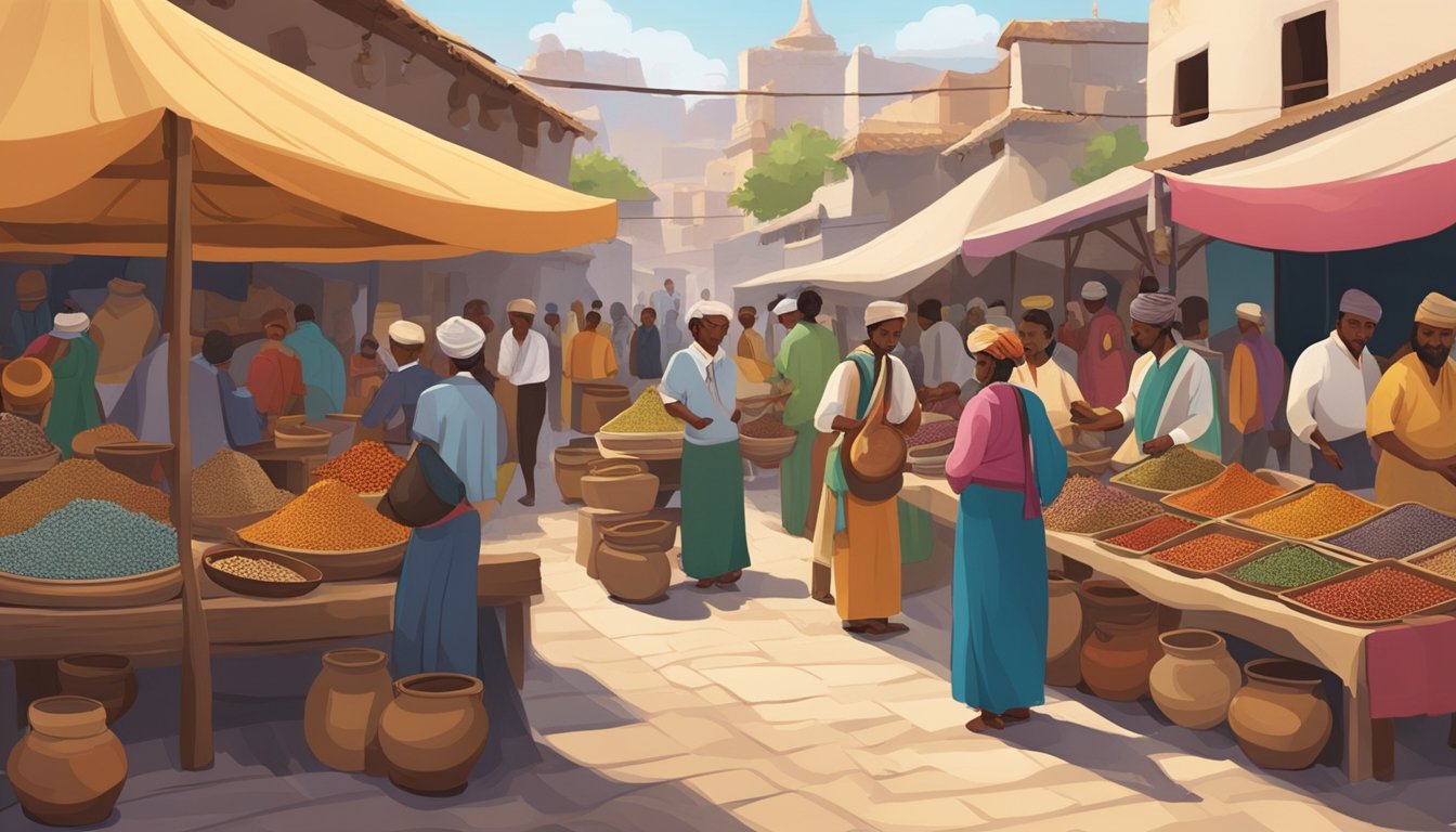 A bustling marketplace with colorful textiles, pottery, and exotic spices.</p><p>A traditional music band plays in the background as people barter and socialize
