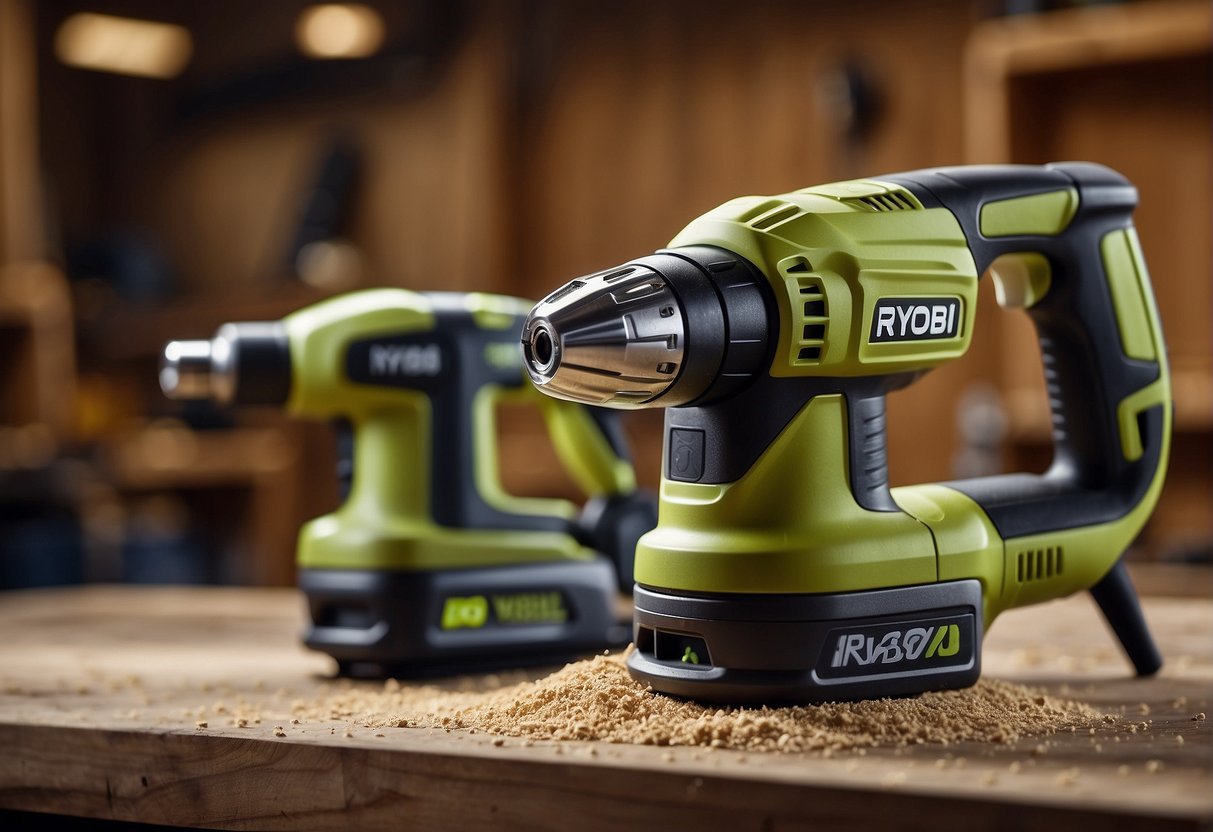 Ego and Ryobi tools face off in a workshop, surrounded by sawdust and power cords