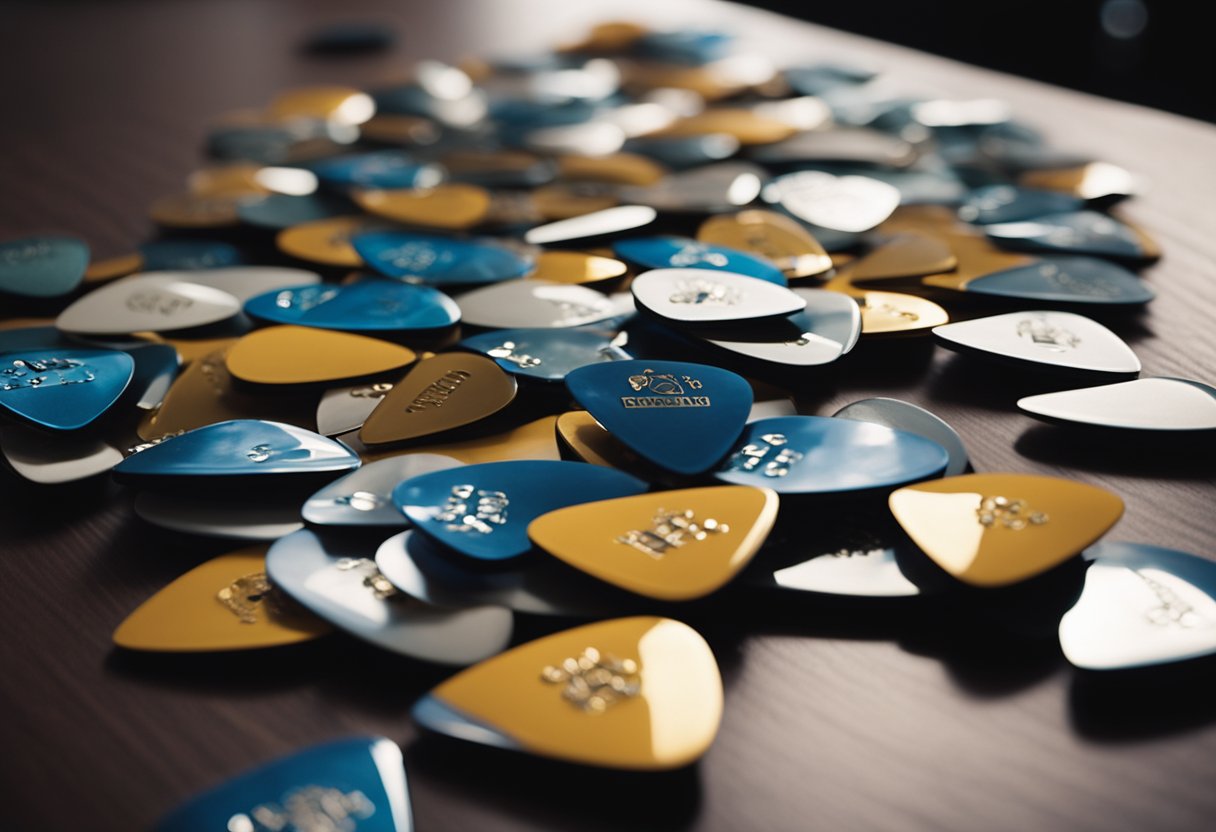 Multiple guitar picks scattered on a table, with an electric guitar in the background