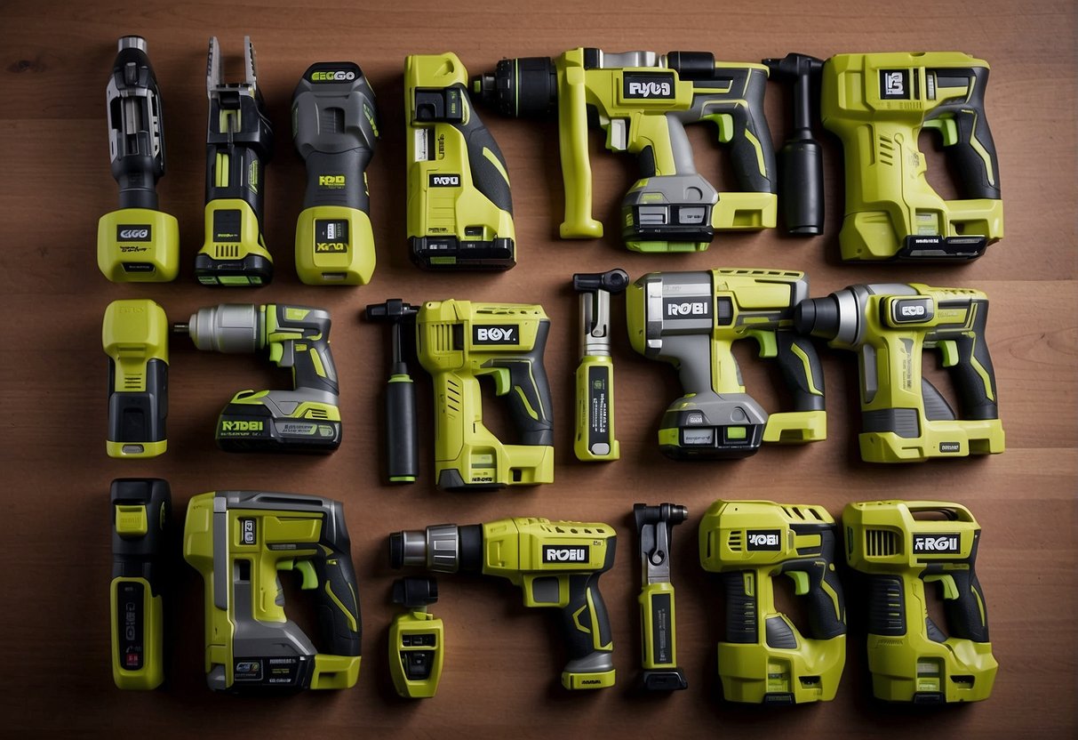 A lineup of power tools and equipment from Ego and Ryobi, showcasing their respective technologies and features