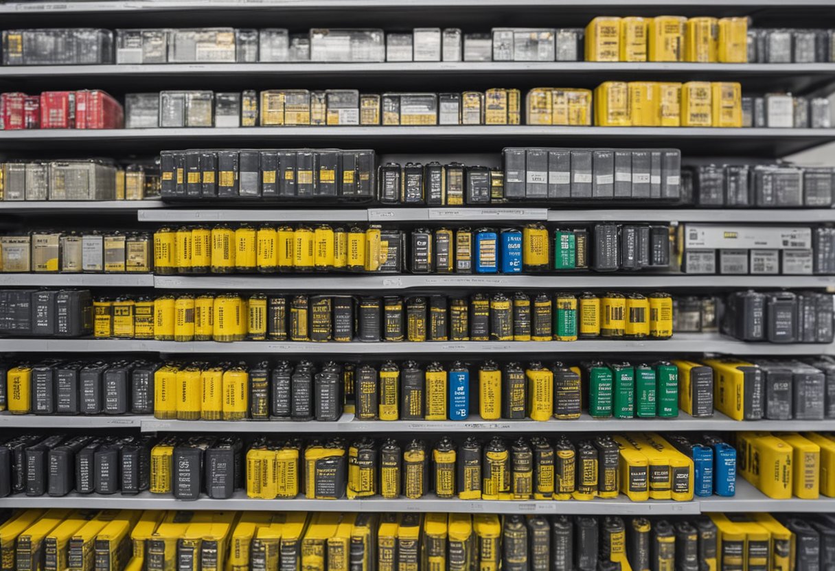 A display shelf with various battery packs, prominently featuring 2032 batteries. Nearby signage or labels indicate the availability and price