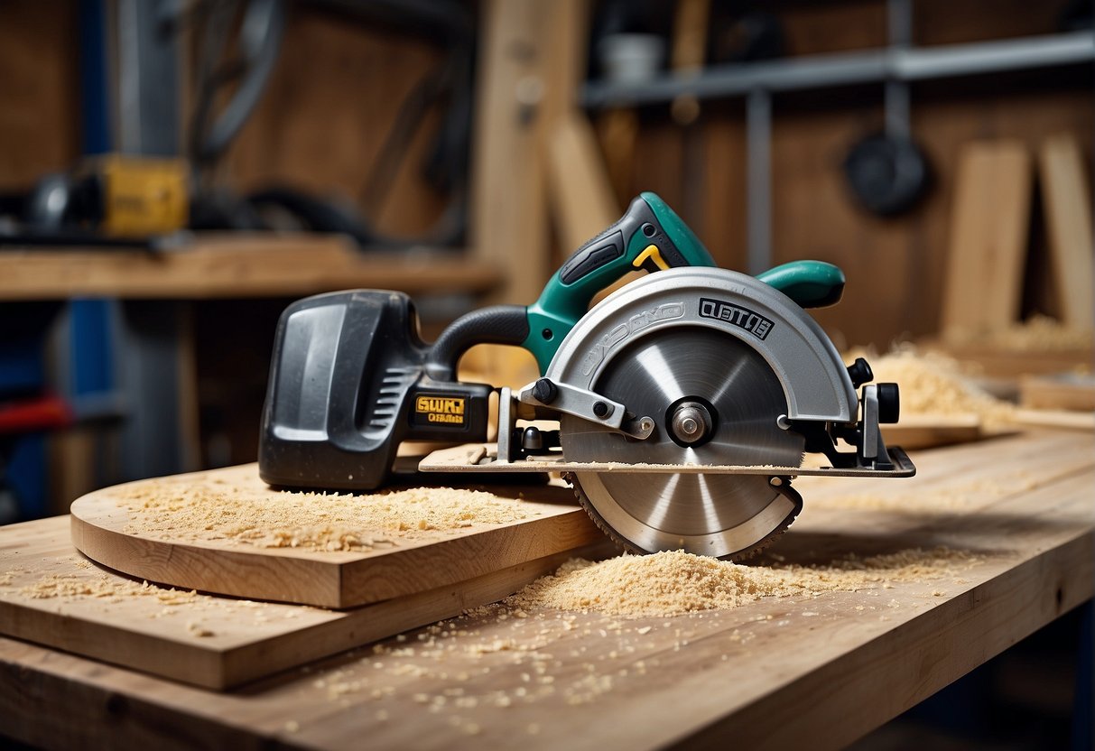 A circular saw and a skill saw are positioned on a workbench, ready for use. Sawdust is scattered around, and wood planks are stacked nearby