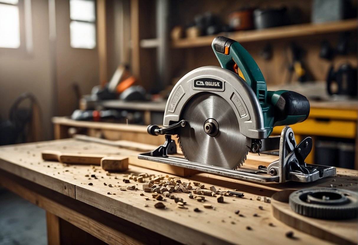 A circular saw and a skill saw are placed side by side on a workbench, with wood and various materials scattered around