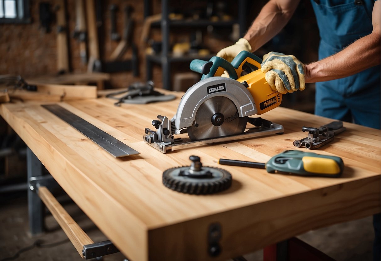 A hand reaches for a circular saw and a skill saw, both displayed on a workbench. The tools are surrounded by wood planks, measuring tape, and safety goggles