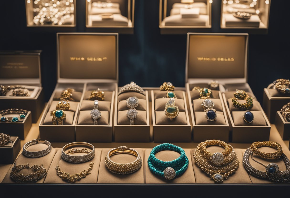 A display of jewelry boxes on a velvet-lined shelf, catching the light with their sparkling embellishments. A sign above reads "Who Sells Jewelry Boxes?"