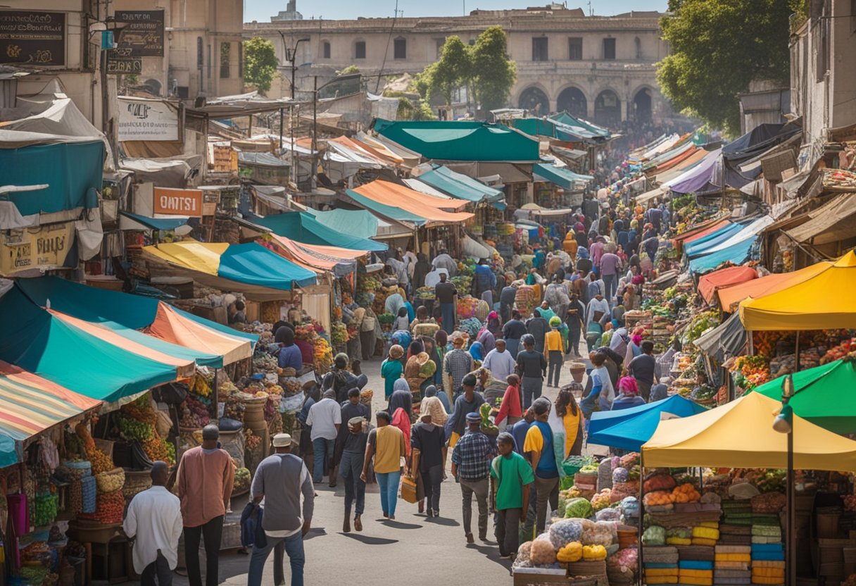 A bustling marketplace with colorful stalls and signs advertising "Quick Fix" products. Customers are approaching vendors, examining items, and making purchases