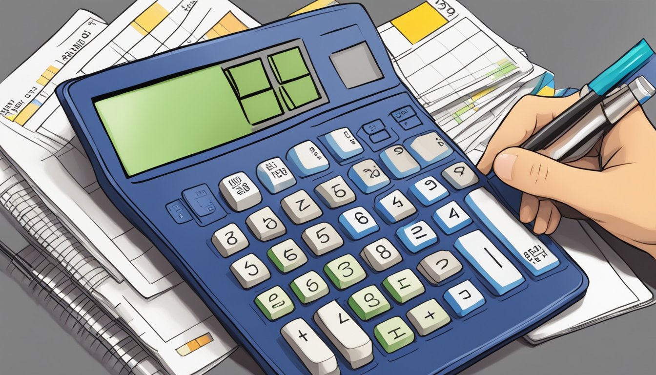 A person using a calculator to add up three bills totaling 331 pesos