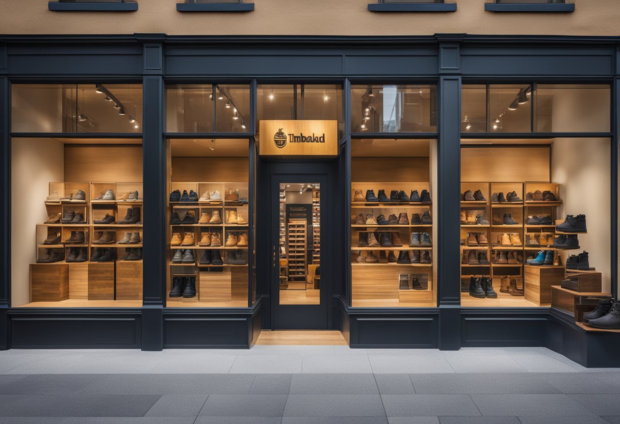 A storefront with a prominent Timberland logo, displaying a variety of Timberland boots in different styles and colors