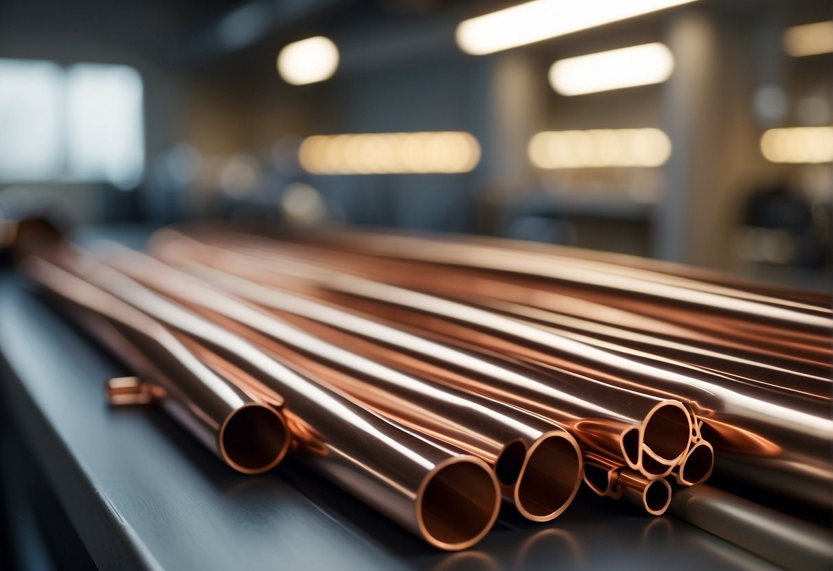 Copper pipes and PVC pipes arranged side by side on a clean, well-lit workbench