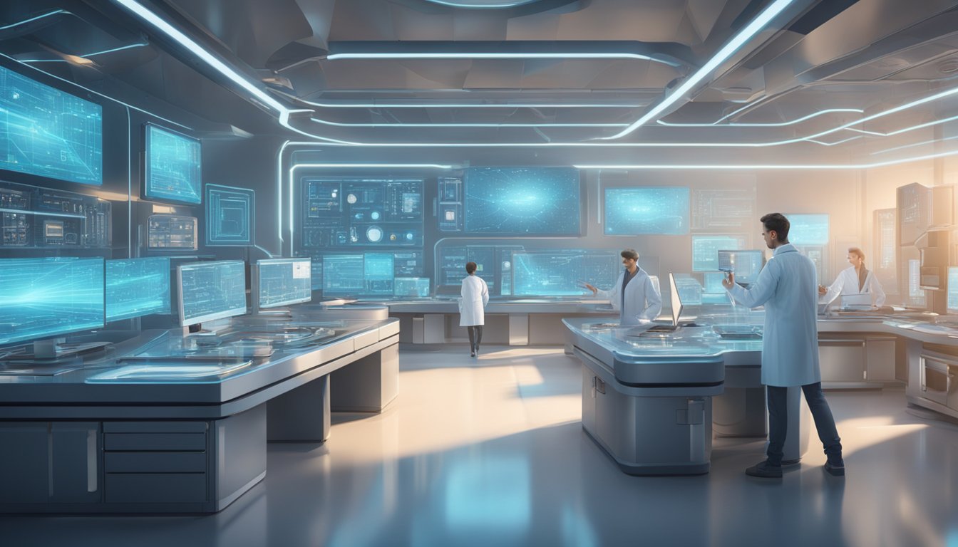 A futuristic laboratory with holographic displays and advanced technology, symbolizing the intersection of science and technology