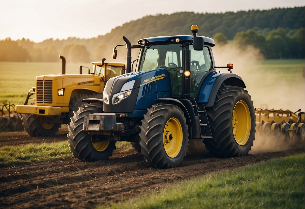 Two powerful tractors, a Husqvarna and a John Deere, face off in a field, their engines roaring as they prepare to tackle the rugged terrain