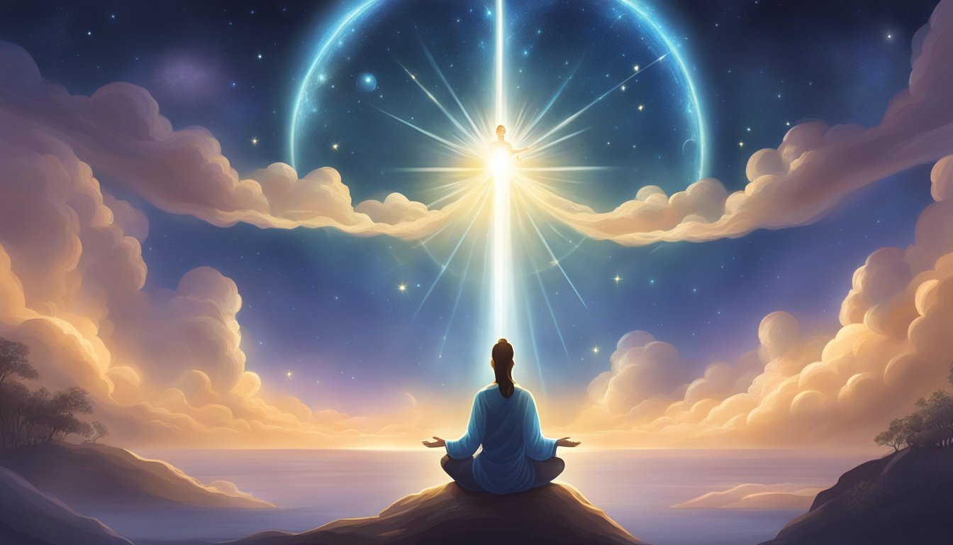 A serene figure surrounded by glowing light, reaching out to celestial beings in a moment of divine connection