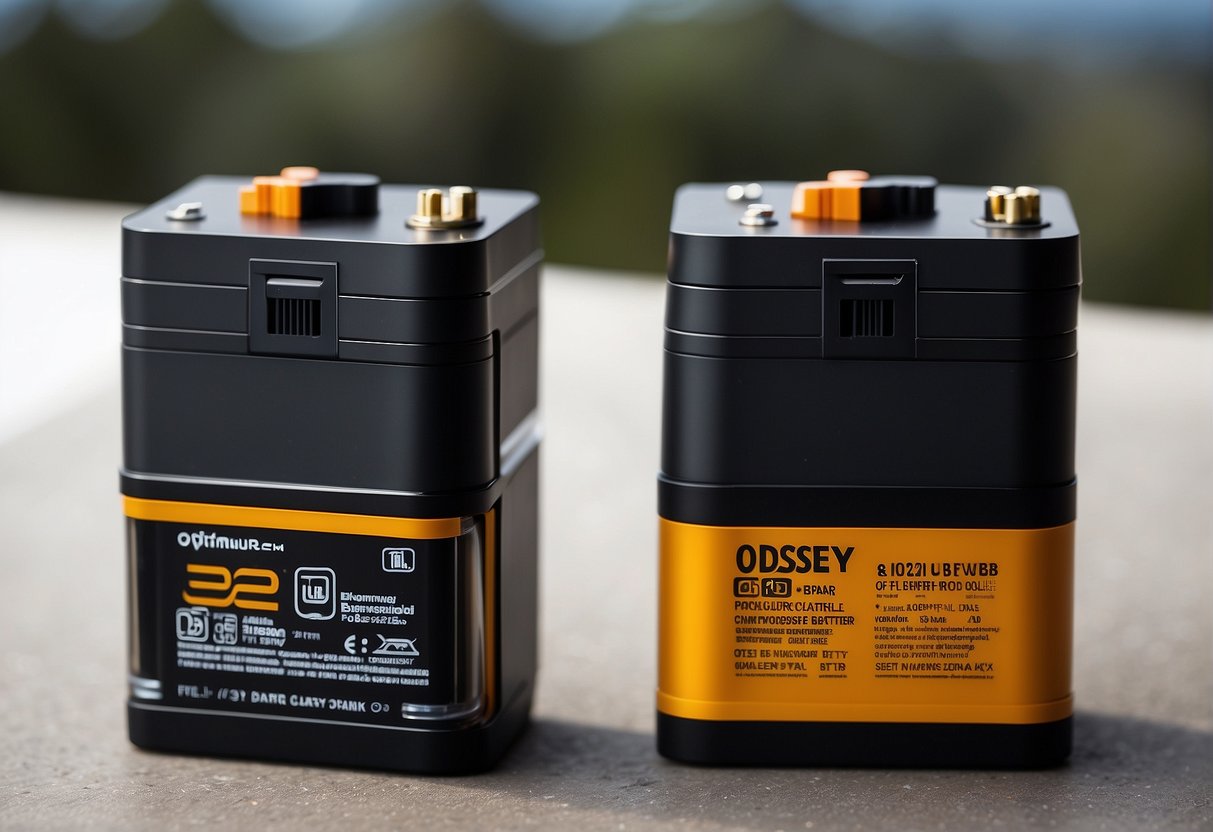 An Odyssey battery and an Optima battery stand side by side, each emitting a powerful and vibrant energy. The Odyssey battery exudes a sleek and modern aura, while the Optima battery emanates a rugged and robust presence