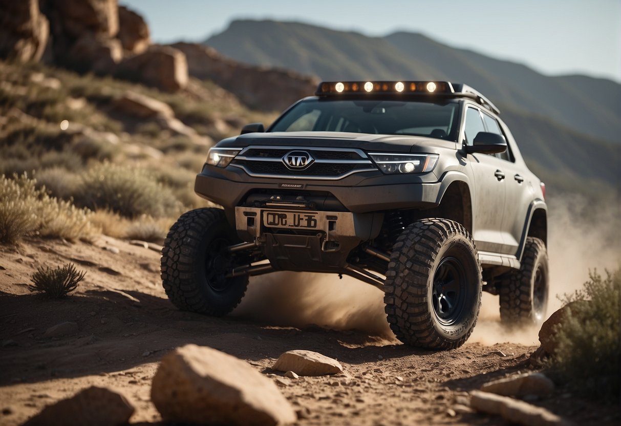 An off-road vehicle with two batteries side by side, one labeled "Odyssey" and the other "Optima." The vehicle is equipped with various electronic devices and is shown in action on rough terrain