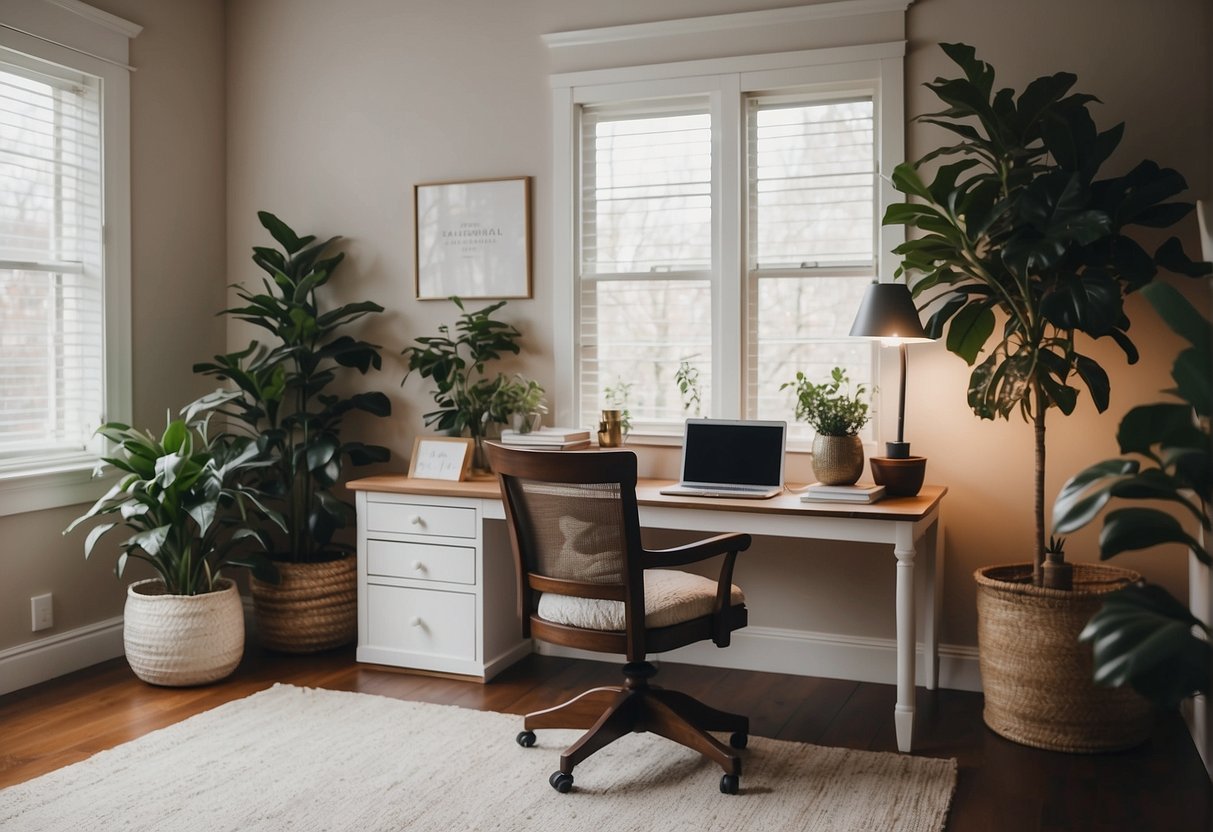 A cozy home office with plants, a soothing color palette, and a comfortable chair for the work-from-home mom. A cup of tea, a journal, and a scented candle create a peaceful atmosphere