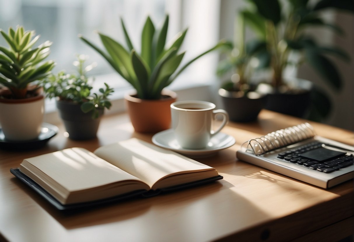 A cozy home office with a desk holding a planner, a mug of tea, and a potted plant. Soft lighting and calming decor create a peaceful atmosphere for self-care