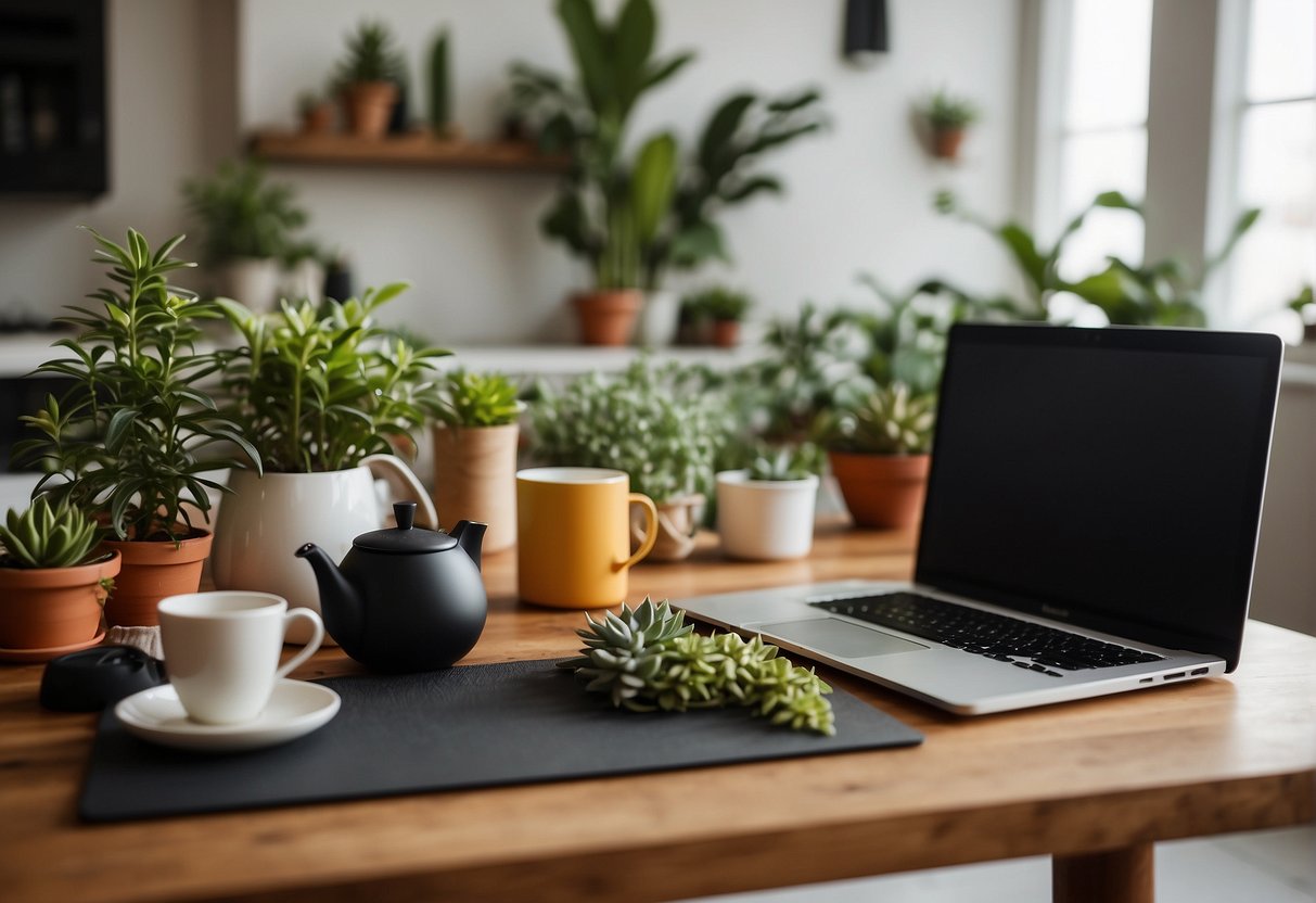 A cozy home office with plants, natural light, and a yoga mat. A kettle and herbal tea sit nearby. The mom's laptop is closed, and she's stretching on the mat
