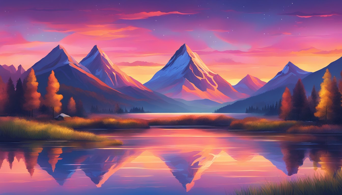 A vibrant sunset over a mountain peak, with the number 9797 repeated in the sky, reflecting in a tranquil lake
