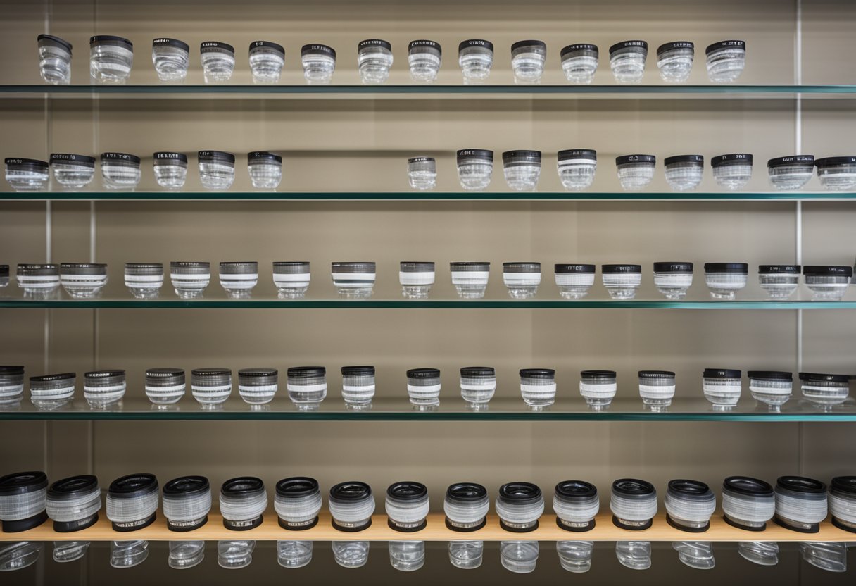 A display of 1.74 high index lenses on a well-lit shelf with clear labeling and pricing information