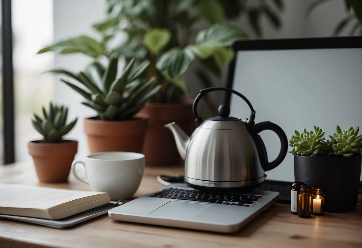 A cozy home office with plants, natural light, and calming decor. A kettle steams on a desk with a journal and essential oils