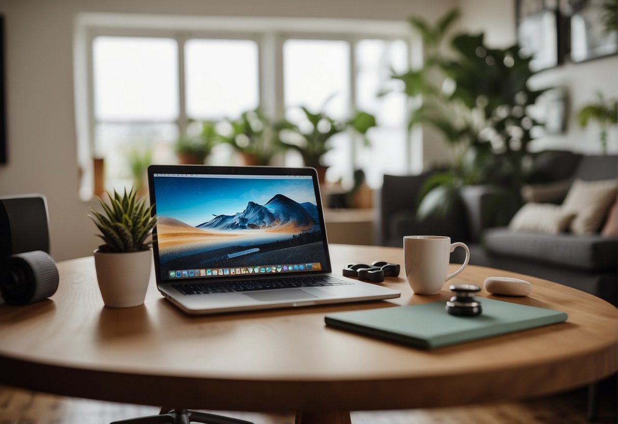 A cozy home office with a laptop, a cup of tea, and a plant. A yoga mat and a set of dumbbells are nearby. The scene exudes a calm and balanced atmosphere