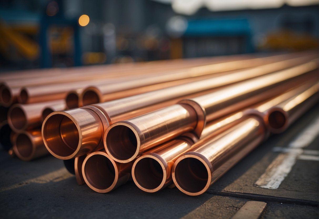 Copper and PVC pipes lay side by side, contrasting in color and texture, with fittings and valves scattered nearby