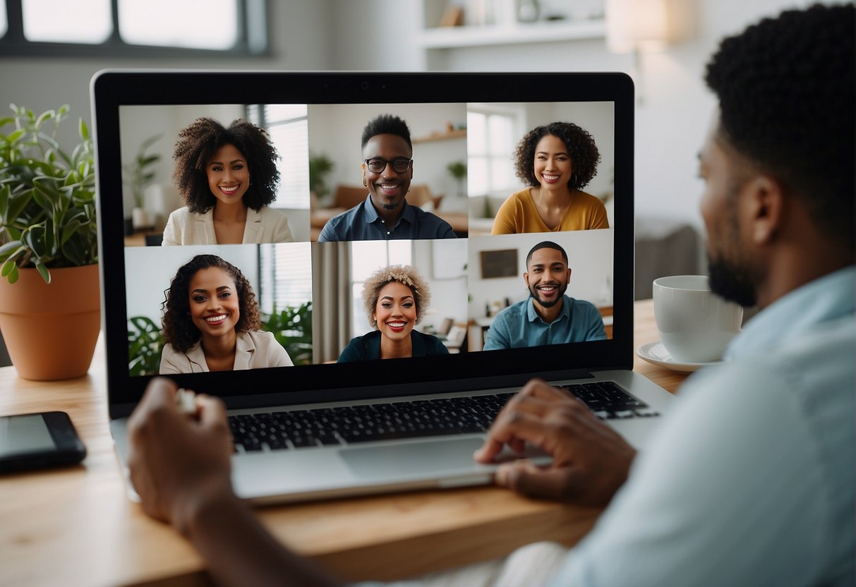 A group of diverse individuals engage in a virtual meet-up, sharing tips and support for self-care while working from home