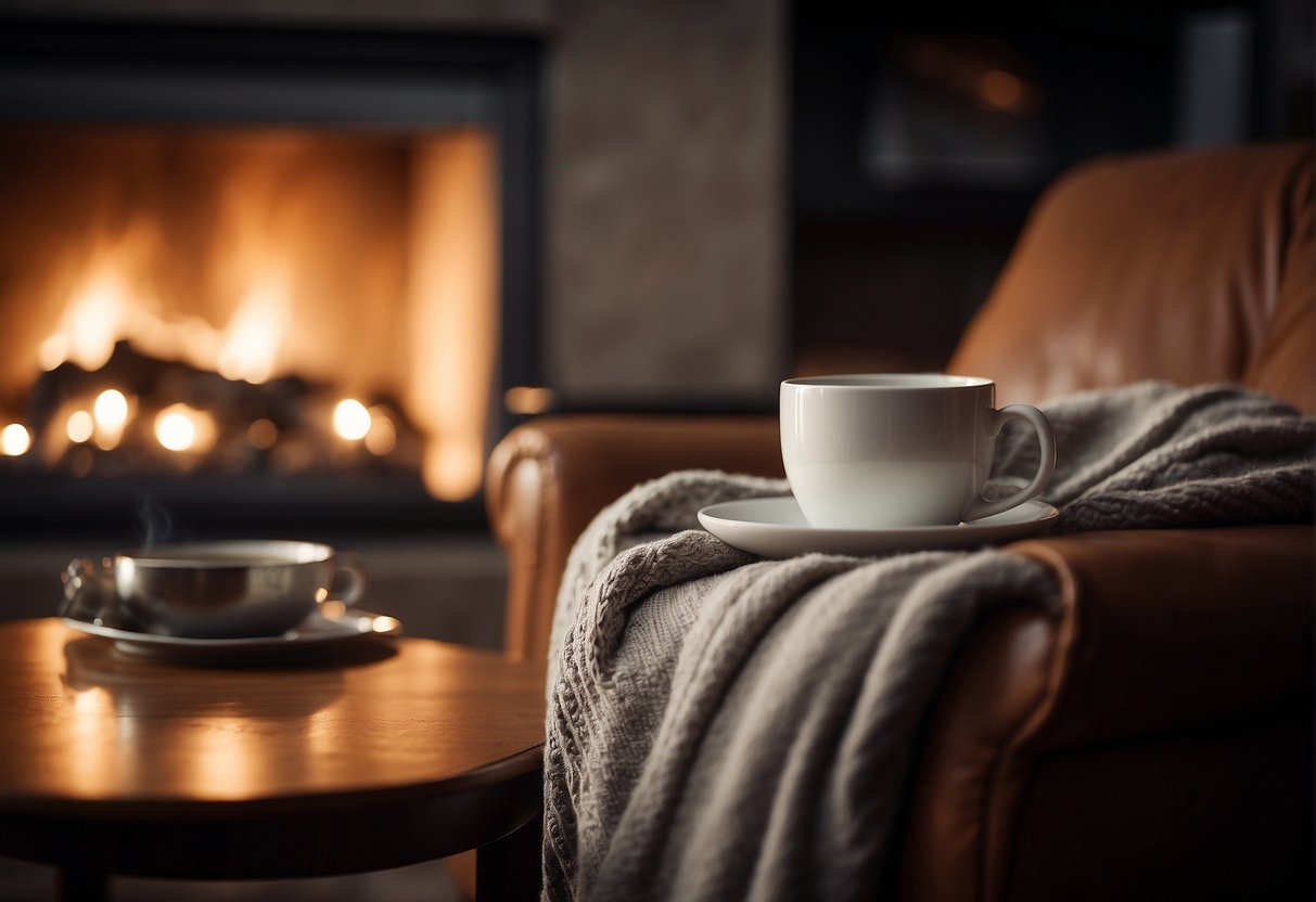 A cozy living room with a flickering fireplace, a steaming cup of tea on a side table, and a plush blanket draped over a comfortable armchair