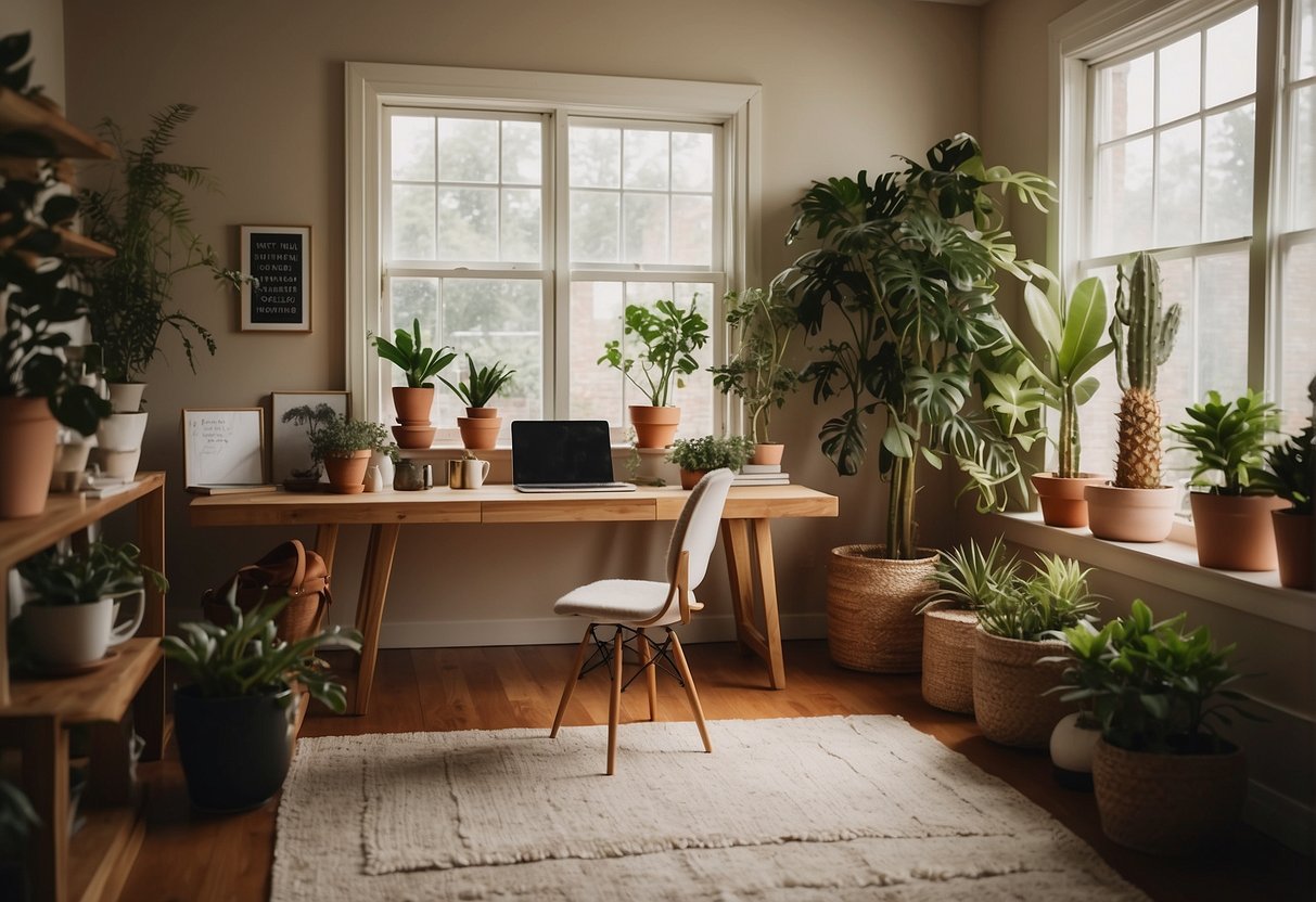 A serene home office space with soft lighting, plants, and a cozy meditation corner for the work-from-home mom's self-care routine