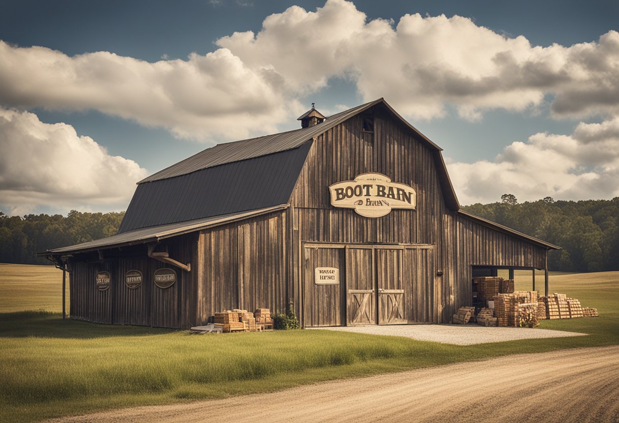 A rustic wooden barn with a large sign reading "Boot Barn" and a display of gift cards on a weathered wooden table