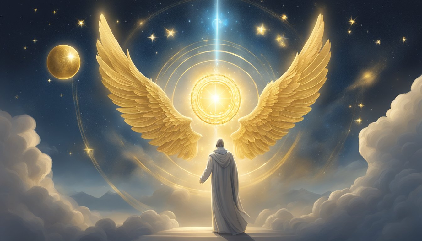 A golden halo hovers over a celestial figure holding a scroll, surrounded by glowing symbols and ethereal light