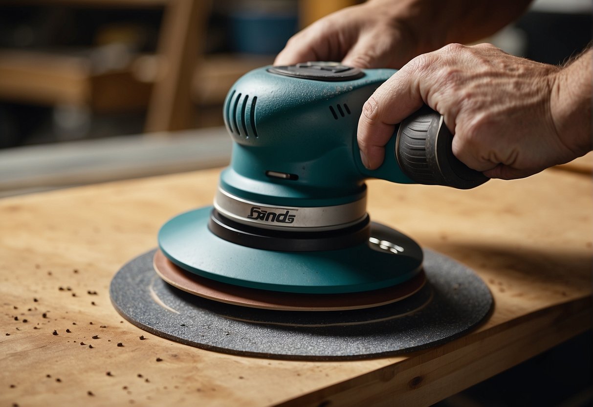 A random orbital sander spins and oscillates, while a dual action sander moves in a circular pattern. Both sanders are placed on a workbench with various sanding discs and materials nearby