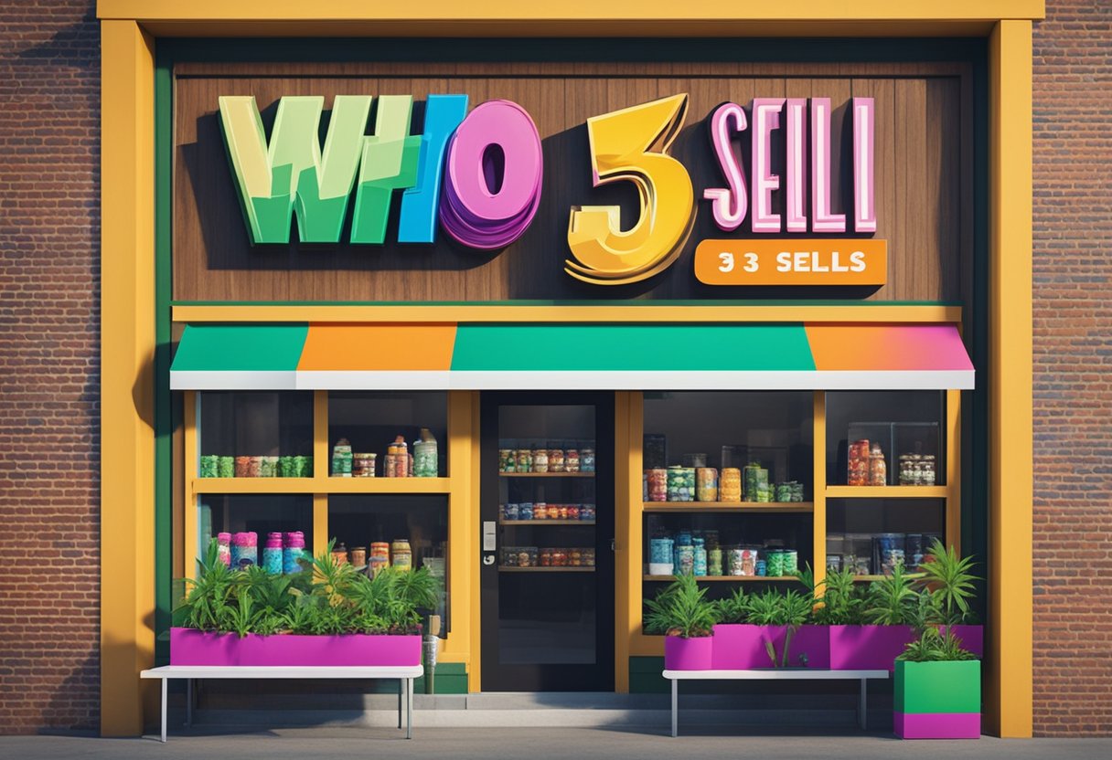 A storefront sign reads "Who Sells 3Chi?" with bold lettering and bright colors, surrounded by various cannabis products on display