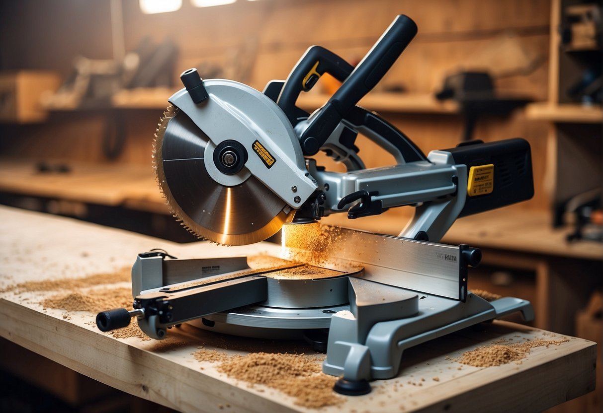 A 10 vs 12 miter saw comparison: both tools placed side by side on a workbench, with sawdust scattered around and wood pieces ready to be cut