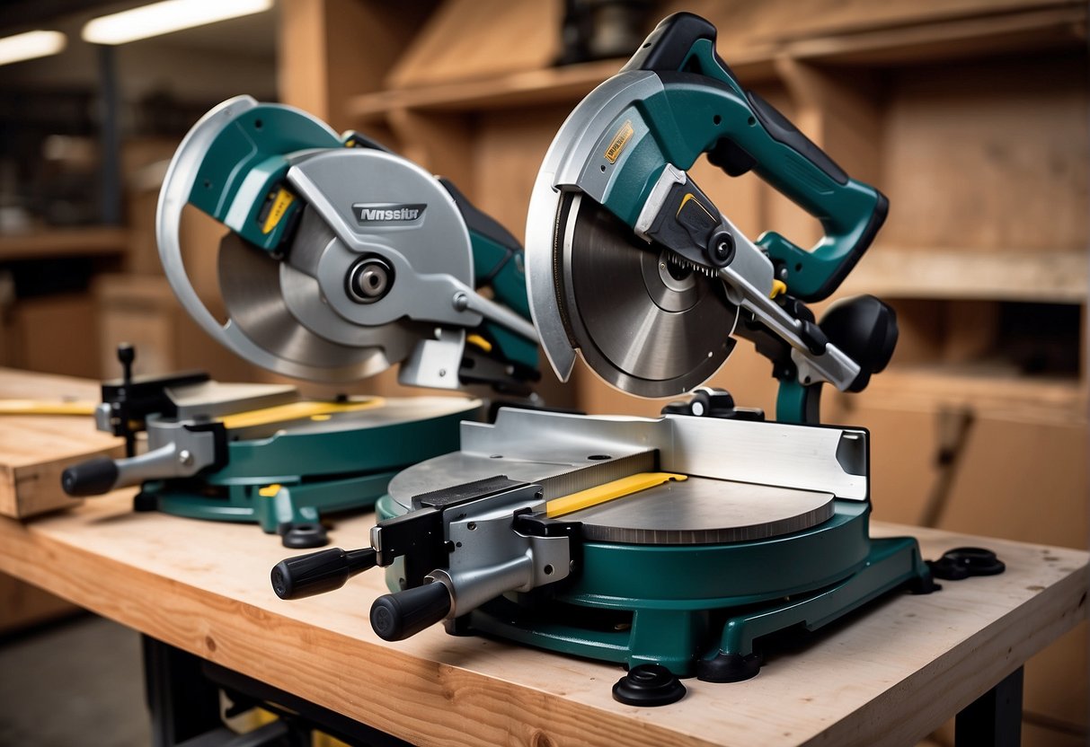 A 10 vs 12 miter saw comparison: 10-inch saw for smaller, precise cuts, while the 12-inch saw is better for larger, wider cuts. Both saws feature adjustable angles and bevels for versatile cutting options