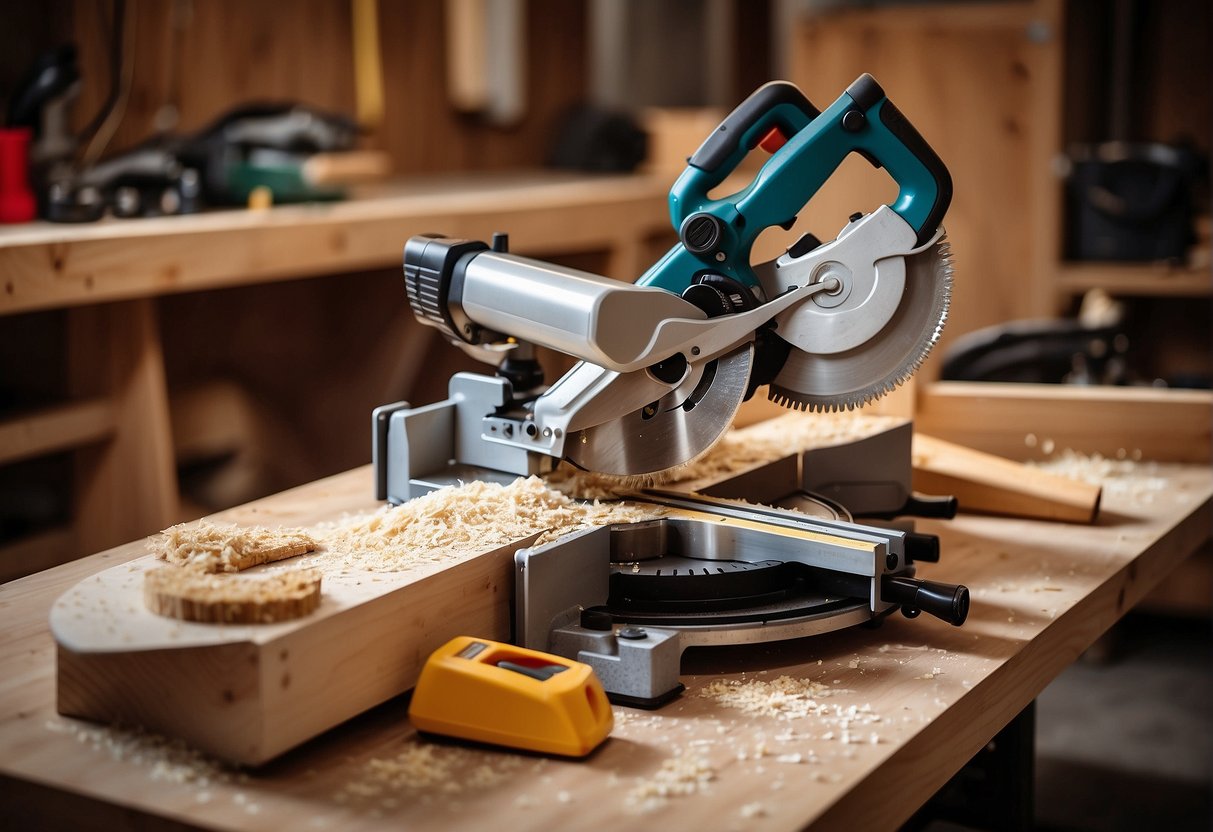A 10 and 12-inch miter saw sit side by side on a workbench. Sawdust and wood shavings scatter the surface, while measuring tapes and safety goggles lay nearby