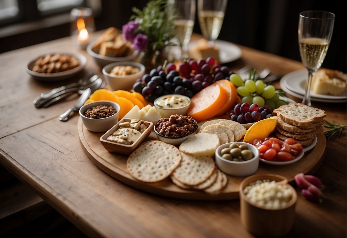A Passover charcuterie board is arranged with matzo, gefilte fish, horseradish, and other traditional Jewish foods. Wine glasses and a floral centerpiece add elegance to the table