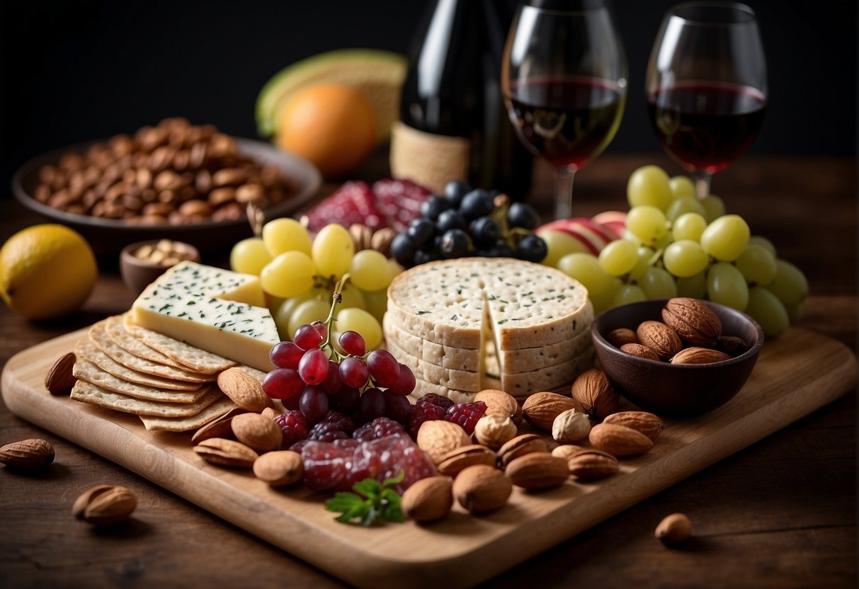 A variety of kosher meats, cheeses, fruits, and nuts arranged on a wooden board with matzah and wine for a Passover charcuterie board
