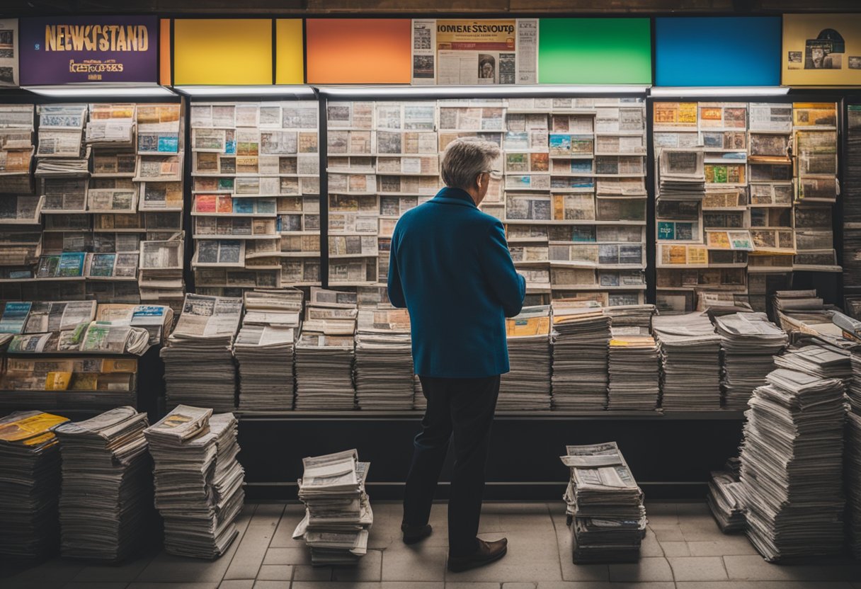 A newsstand with stacks of newspapers, a colorful sign, and a cash register. Customers browsing the headlines and making purchases