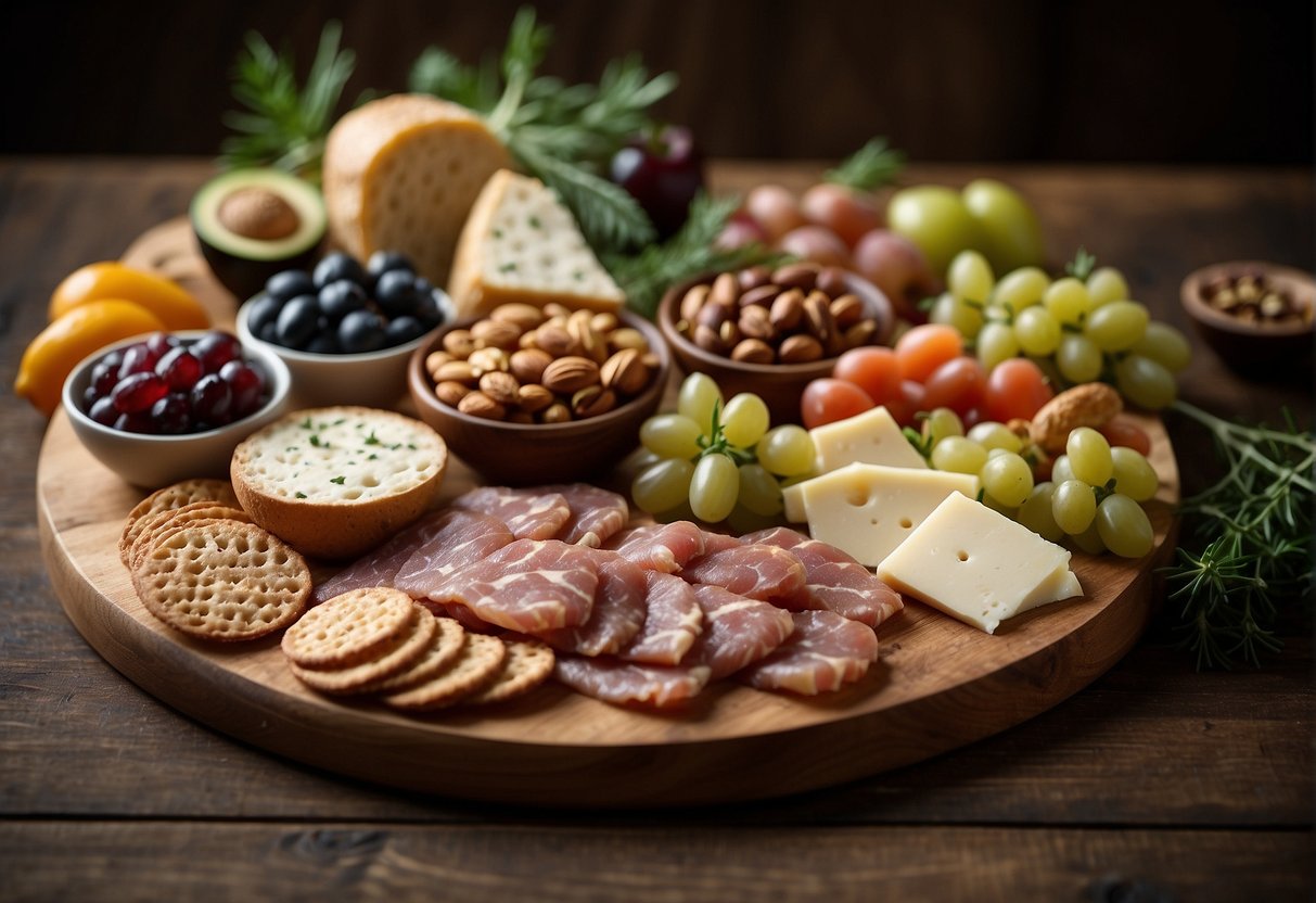 A beautifully arranged passover charcuterie board with a variety of meats, cheeses, fruits, and nuts, garnished with fresh herbs and served on a rustic wooden platter