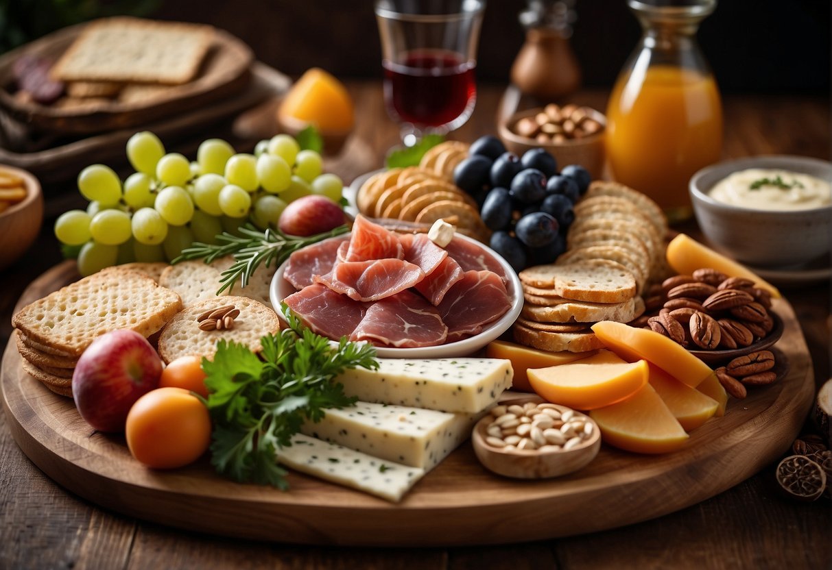 A beautifully arranged passover charcuterie board with a variety of meats, cheeses, fruits, and nuts, surrounded by decorative elements and a shopping guide