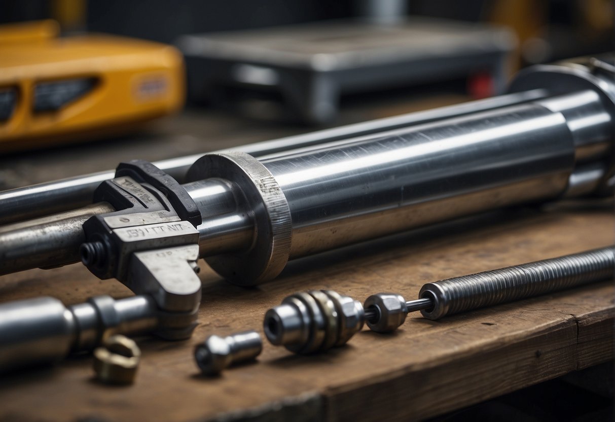 A breaker bar and a torque wrench lie side by side on a workbench, surrounded by various nuts and bolts. The breaker bar is longer and heavier, while the torque wrench has a built-in gauge for precise tightening