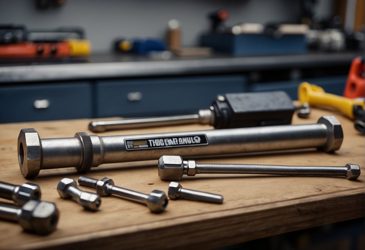 A breaker bar and torque wrench lie on a workbench, surrounded by various nuts and bolts. The tools are positioned next to each other, ready for use