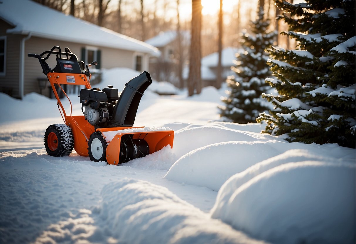 A 1 stage snow blower sits on a clean driveway, while a 2 stage snow blower stands ready with a larger, more complex design