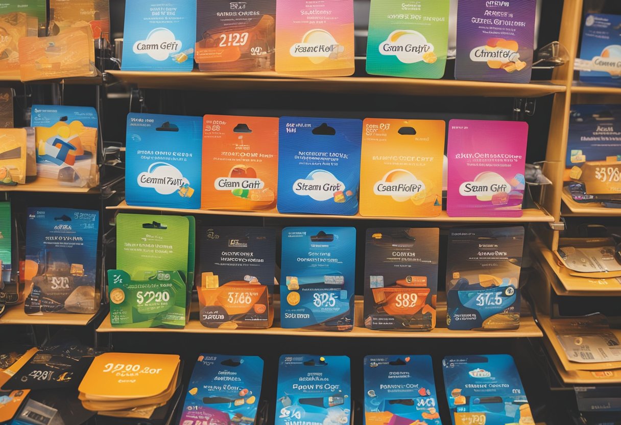 A brightly lit store shelf displays various Steam gift cards with price tags. A "Steam Gift Cards" sign hangs above