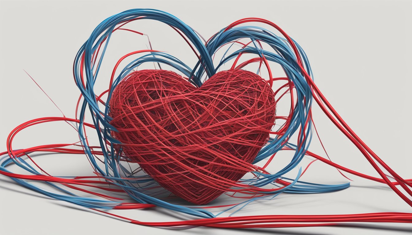 A shattered heart amidst tangled red strings, symbolizing the impact of "243" on personal relationships