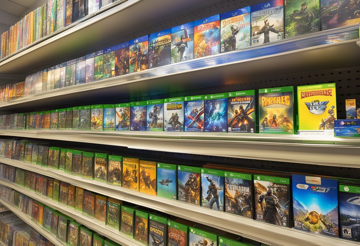 A brightly lit video game store shelf displays various Xbox 360 game titles, with colorful covers and enticing graphics